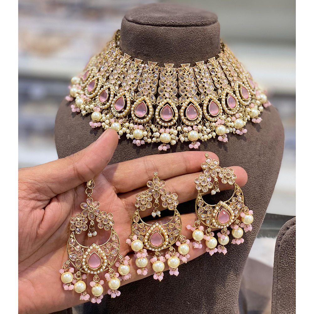 Hira Collections Crystal Stone And Beads Choker Necklace Set