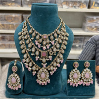 Hira Collections Elegant Pota Stone Pearl And Beads Multi Layered Long Necklace Set