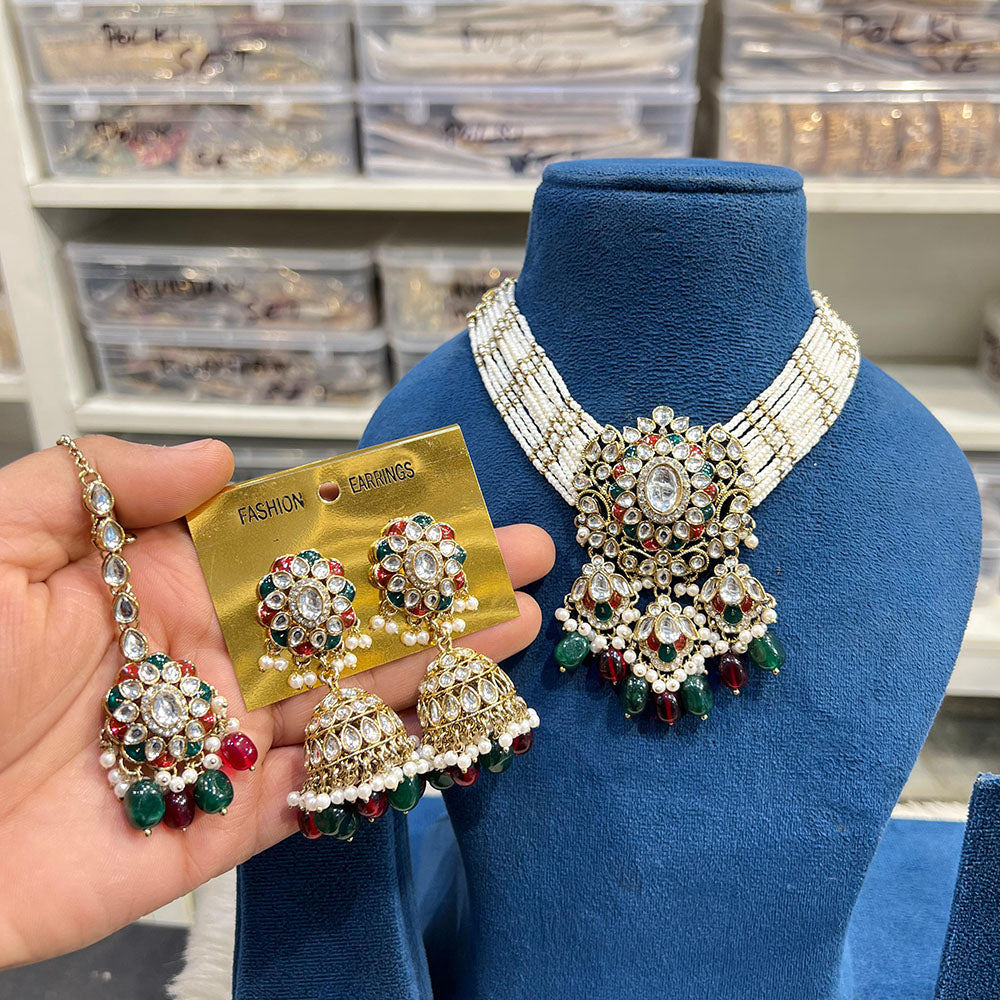 Hira Collections Luxury Kundan Stone Pearl And Beads Meenakari Choker Necklace Set