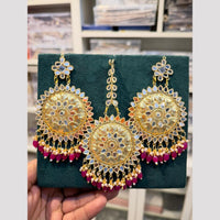 Hira Collections Gold Plated Mirror Pearl And Beads Dangler Earrings With Maang Tikka