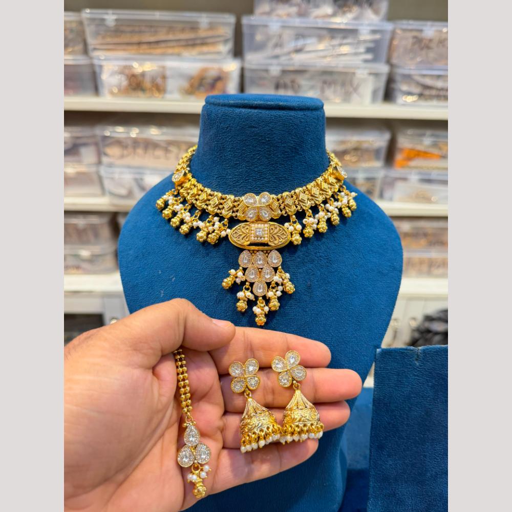 Hira Collections Premium Pota Stone And Pearl Statement Choker Necklace Set