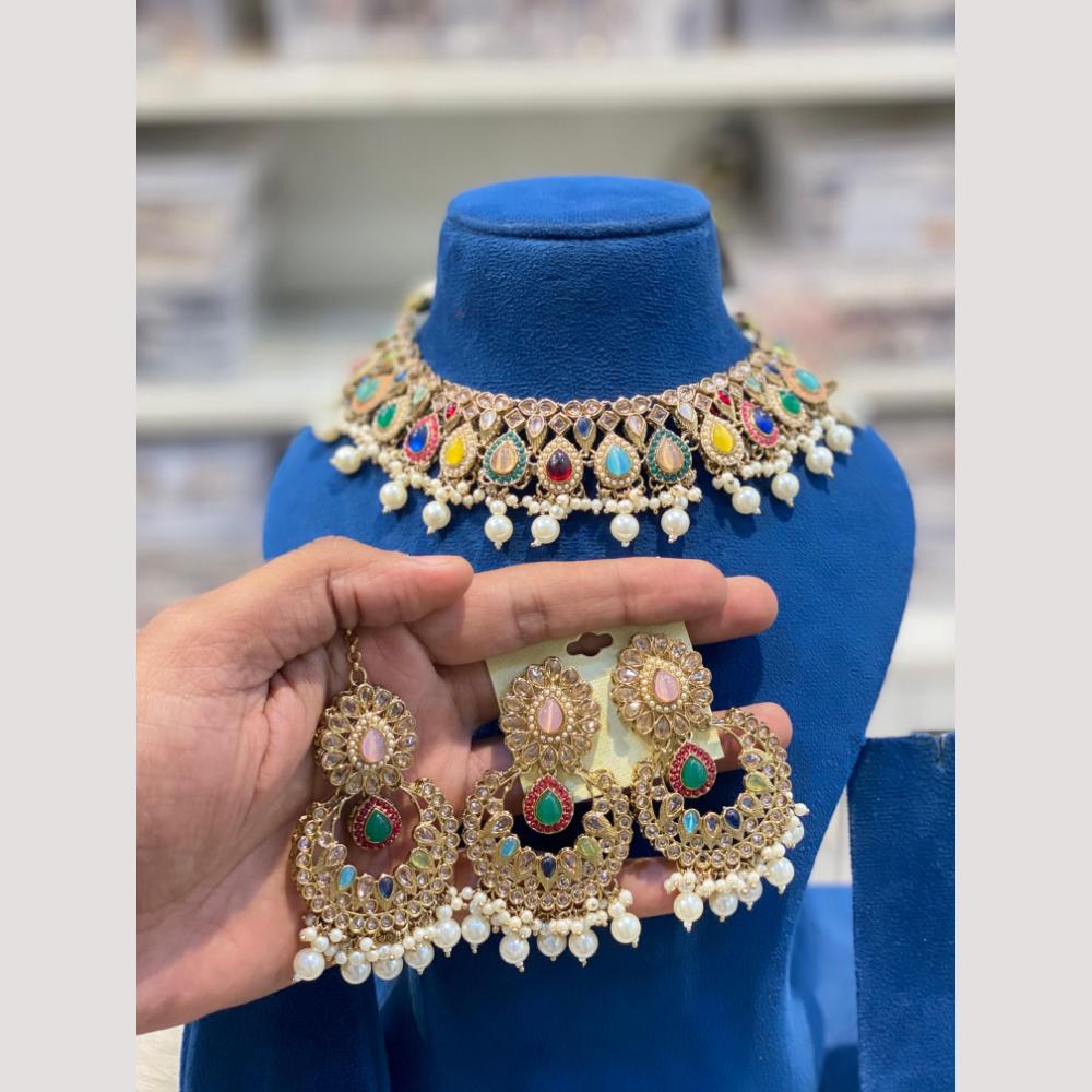 Hira Collection Premium Crystal Stone And Pearl Choker Necklace Set