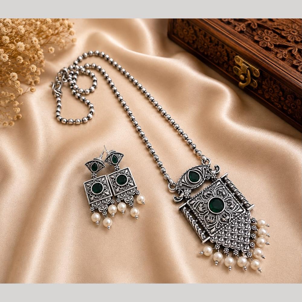 Hira Collections Exclusive Oxidised Pota Stone Pearl Long Necklace Set for Women