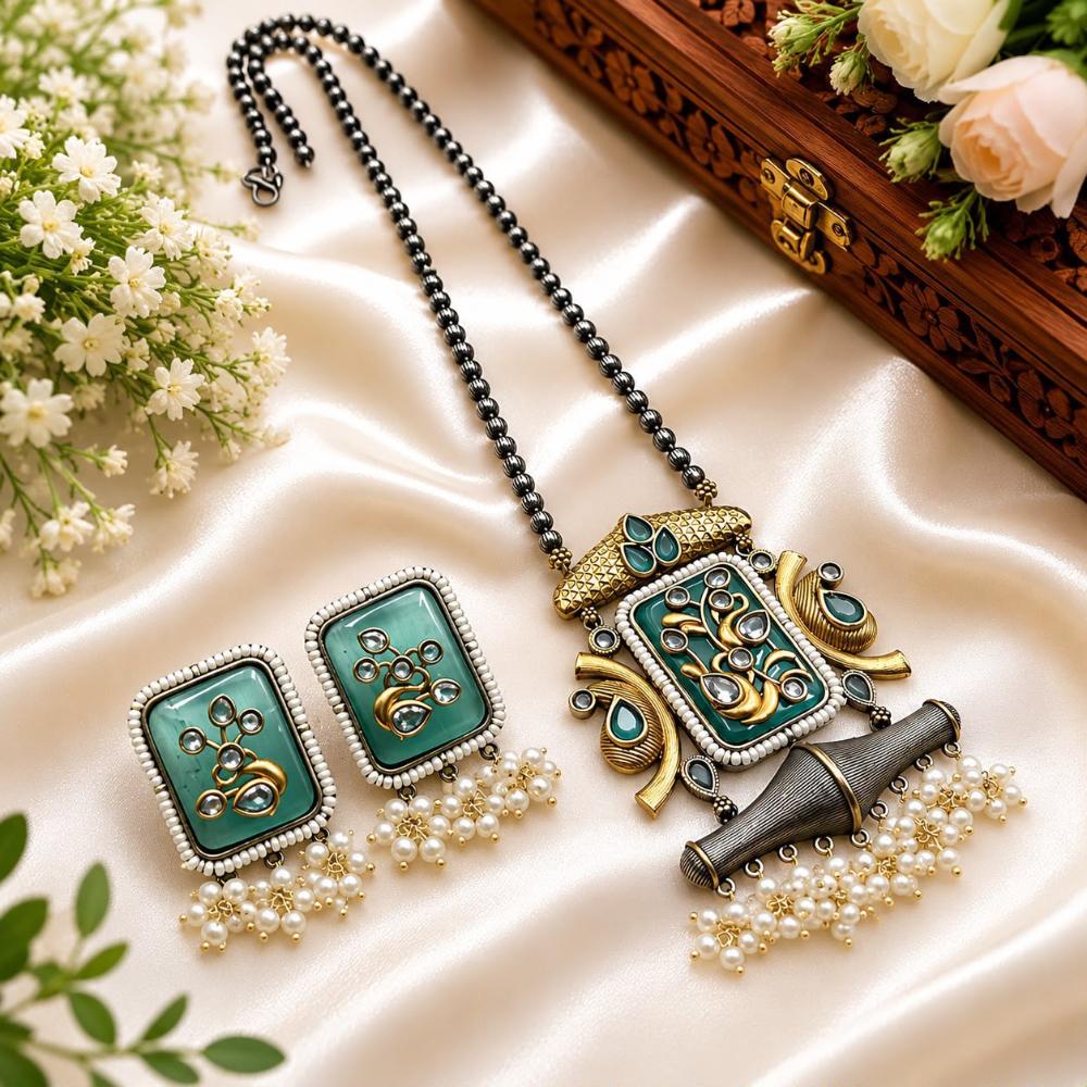 Hira Collections Premium Pota Stone And Pearl Long Necklace Set for Women