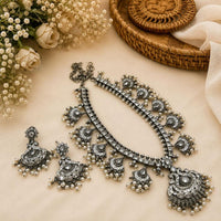 Hira Collections Exclusive Oxidised Pota Stone Pearl Long Necklace Set for Women