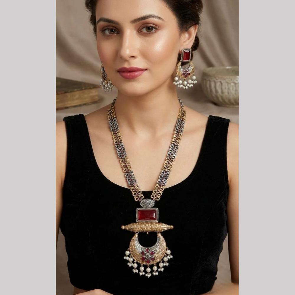 Hira Collections Exclusive 2 Tone Pota Stone Pearl Long Necklace Set for Women