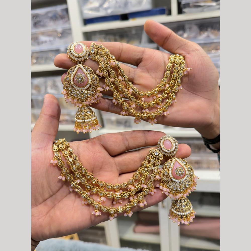Hira Collections Heritage Kundan Stone And Pearl Kan Chian Jhumki Earrings