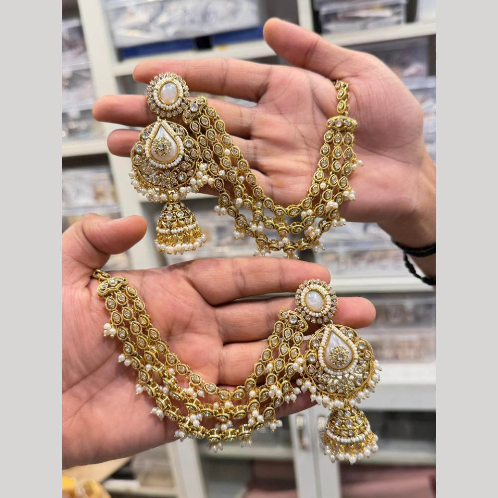 Hira Collections Heritage Kundan Stone And Pearl Kan Chian Jhumki Earrings