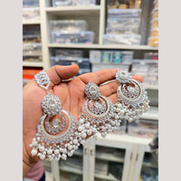 Hira Collections Stylish Crystal Stone And Pearl Dangler Earrings With Maang Tikka