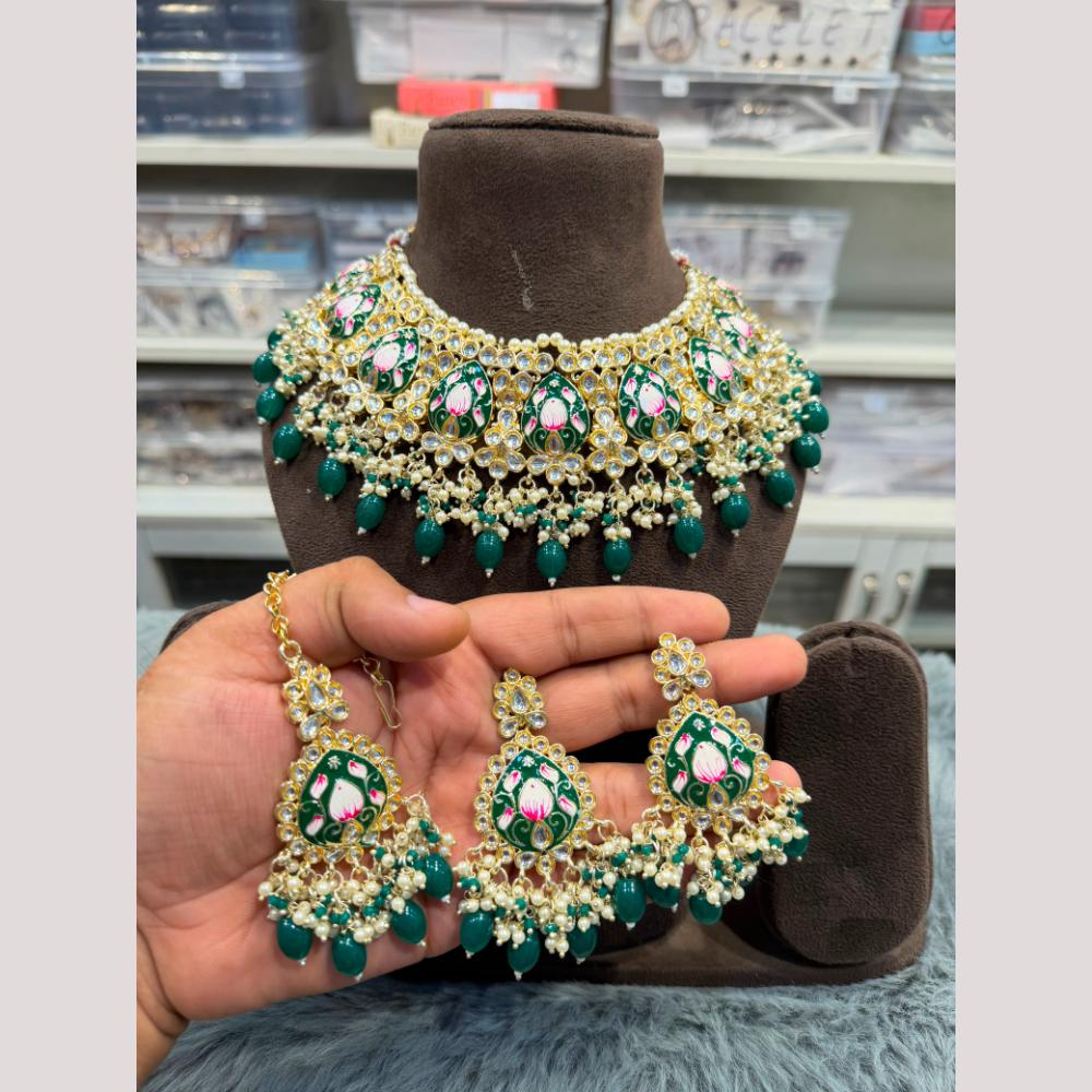 Hira Collections Premium Kundan Stone And Pearl Meenakari Choker Necklace Set
