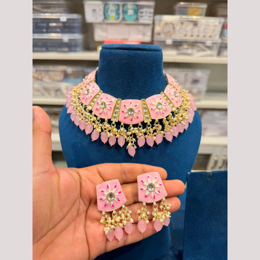 Hira Collections Premium Kundan Stone And Pearl Meenakari Choker Necklace Set