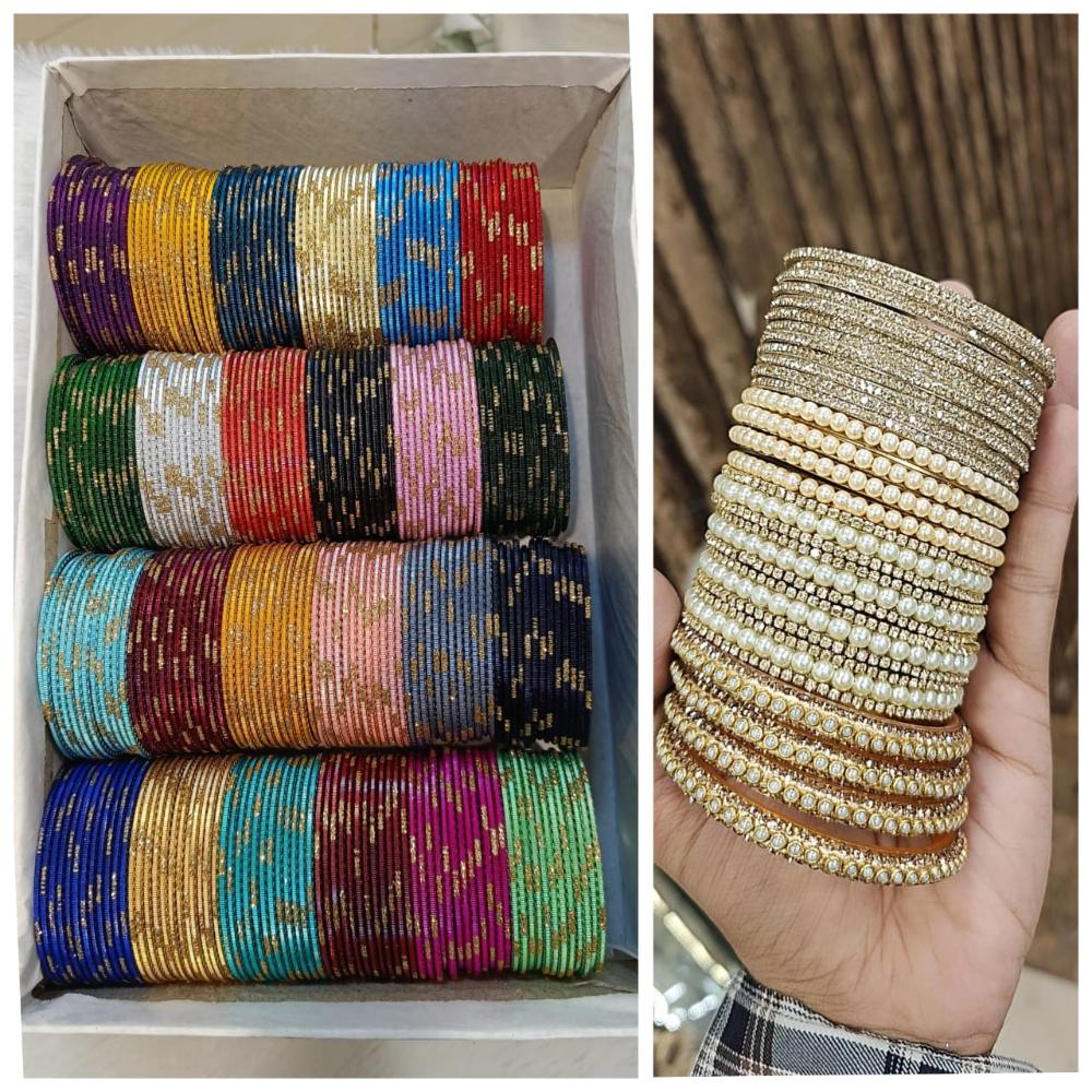 Hira Collections Designer Assorted Color Metal Pearl Bangle Set for Women