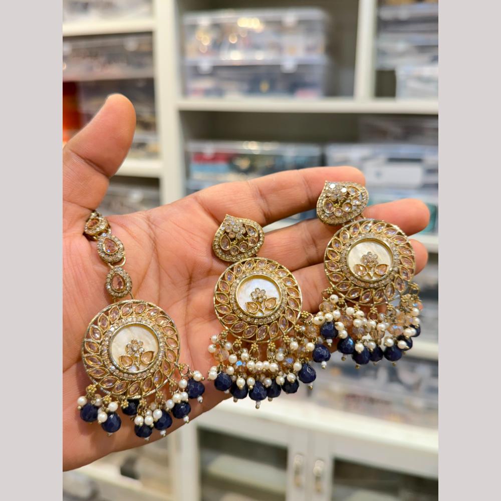 Hira Collections Stylish Crystal Stone And Pearl Dangler Earrings With Maang Tikka