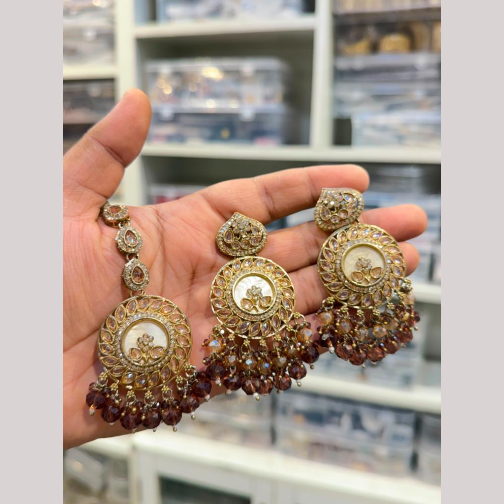 Hira Collections Stylish Crystal Stone And Pearl Dangler Earrings With Maang Tikka