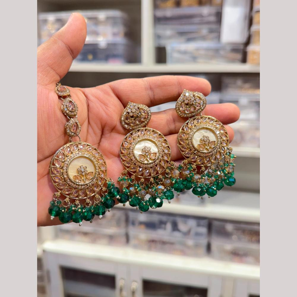 Hira Collections Stylish Crystal Stone And Pearl Dangler Earrings With Maang Tikka