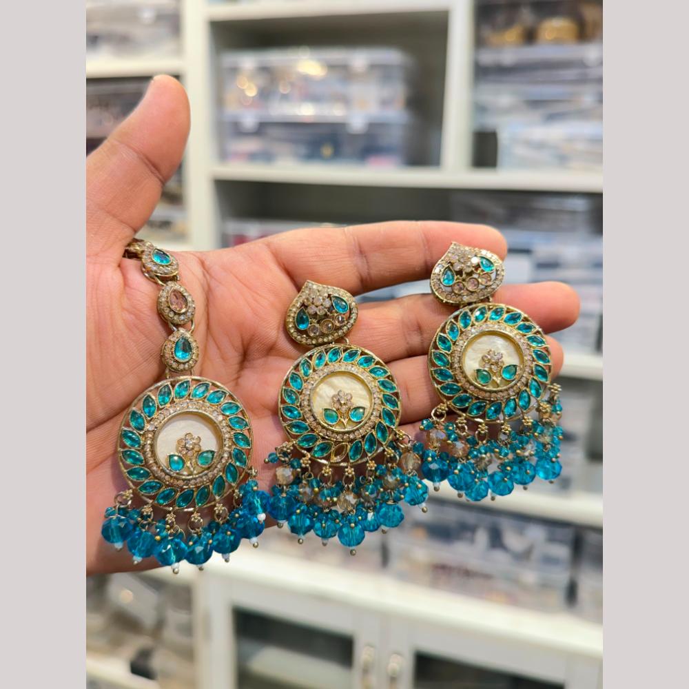 Hira Collections Stylish Crystal Stone And Pearl Dangler Earrings With Maang Tikka