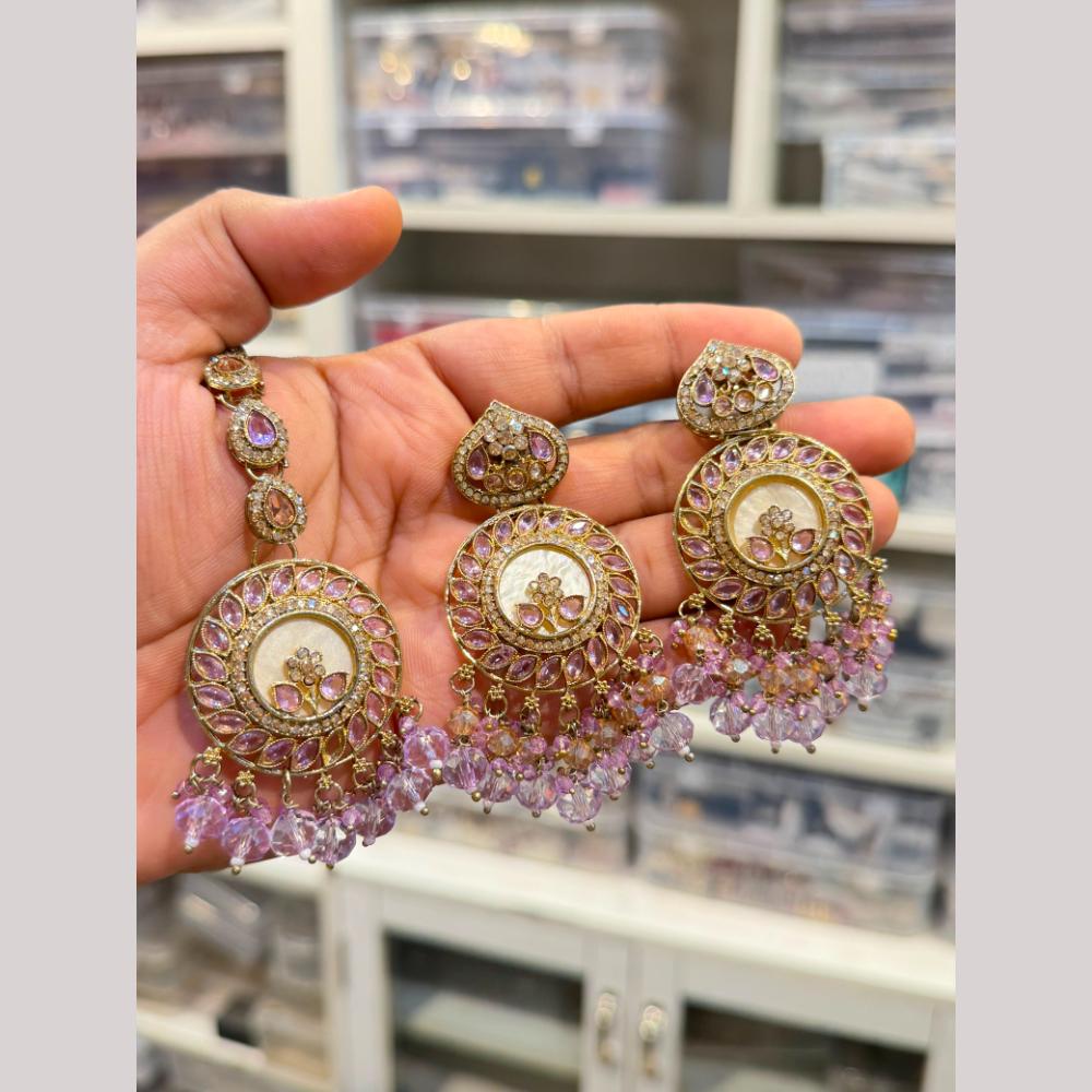 Hira Collections Stylish Crystal Stone And Pearl Dangler Earrings With Maang Tikka
