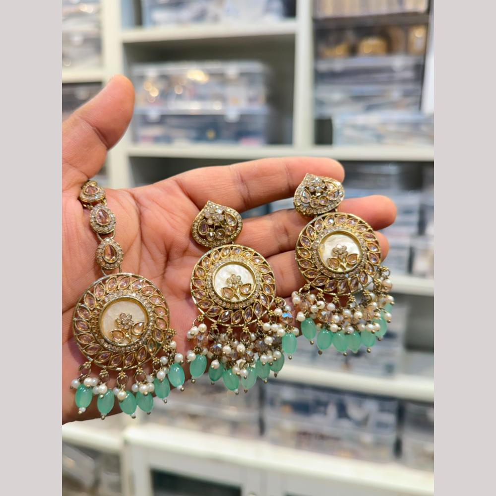 Hira Collections Stylish Crystal Stone And Pearl Dangler Earrings With Maang Tikka