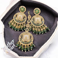 Hira Collections Stylish Crystal Stone And Pearl Dangler Earrings With Maang Tikka