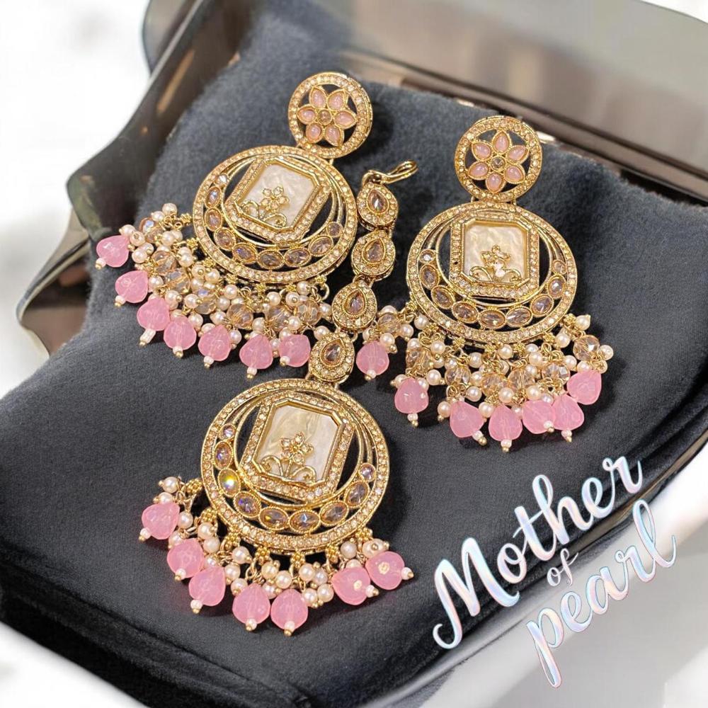 Hira Collections Stylish Crystal Stone And Pearl Dangler Earrings With Maang Tikka
