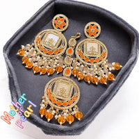 Hira Collections Stylish Crystal Stone And Pearl Dangler Earrings With Maang Tikka