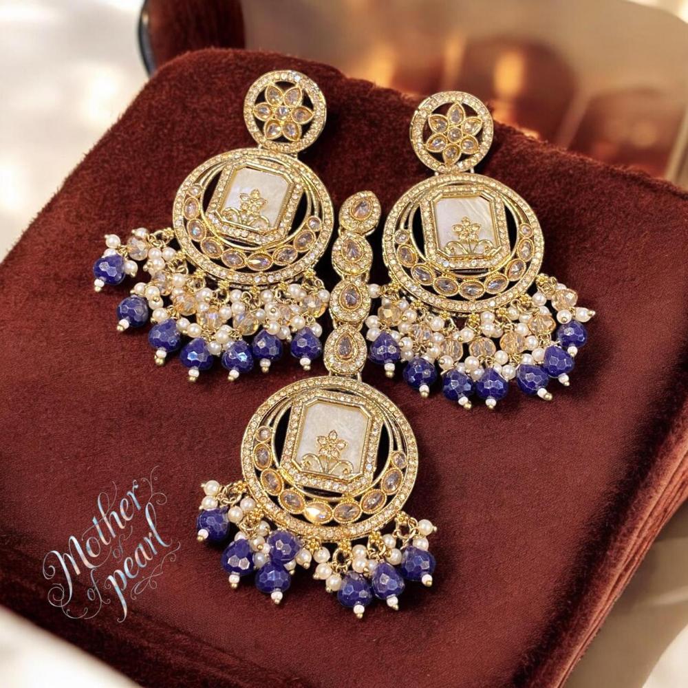 Hira Collections Stylish Crystal Stone And Pearl Dangler Earrings With Maang Tikka