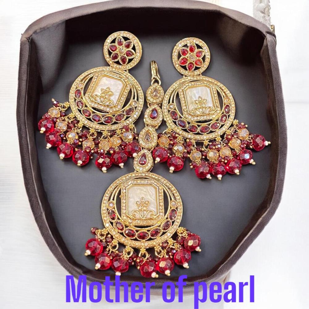 Hira Collections Stylish Crystal Stone And Pearl Dangler Earrings With Maang Tikka