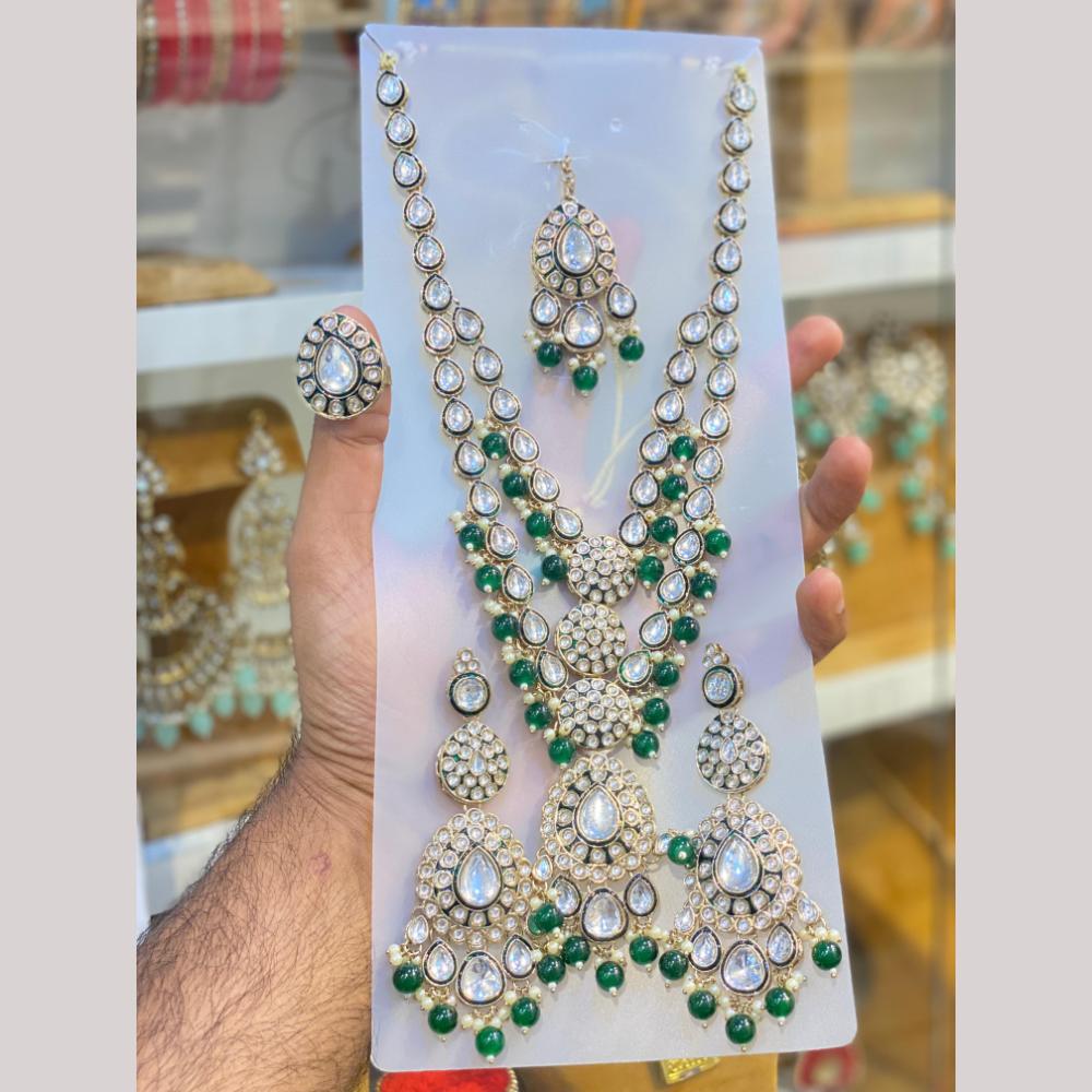 Hira Collection Glamorous Kundan Stone And Beads Long Necklace Set With Ring