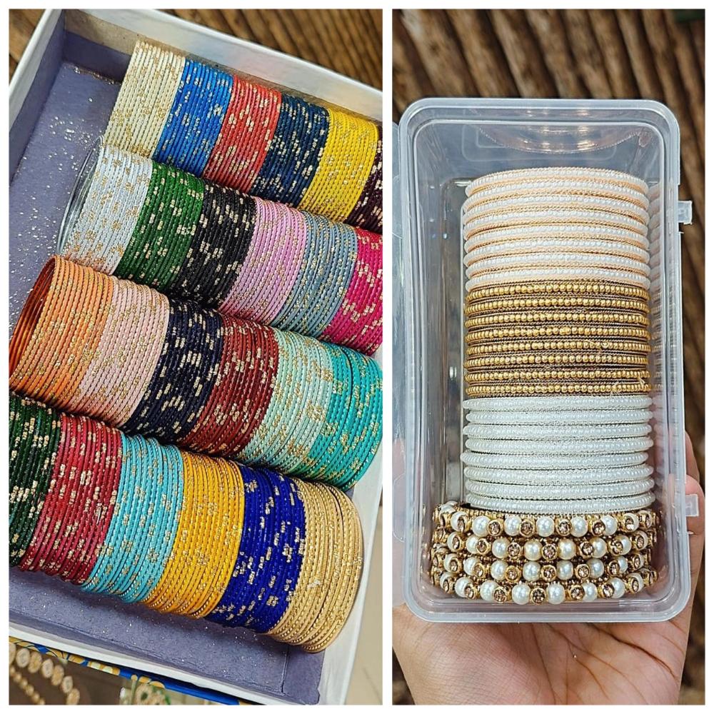 Hira Collections Designer Assorted Color Metal Pearl Bangle Set for Women