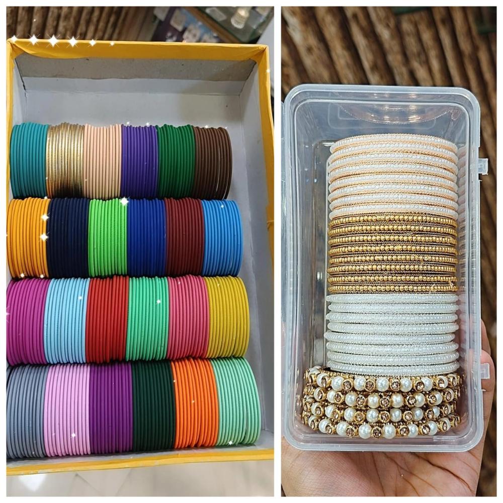 Hira Collections Designer Assorted Color Metal Pearl Bangle Set for Women