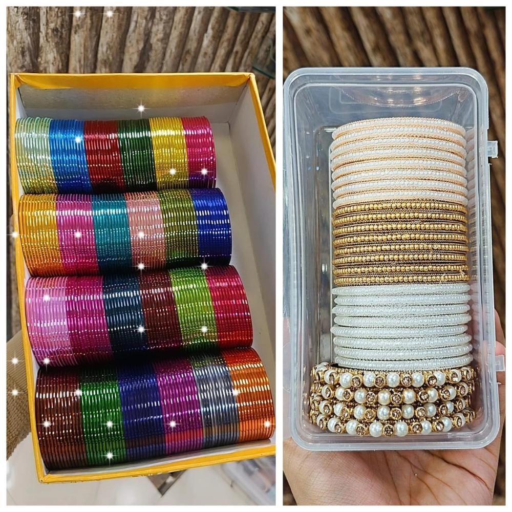 Hira Collections Designer Assorted Color Metal Pearl Bangle Set for Women