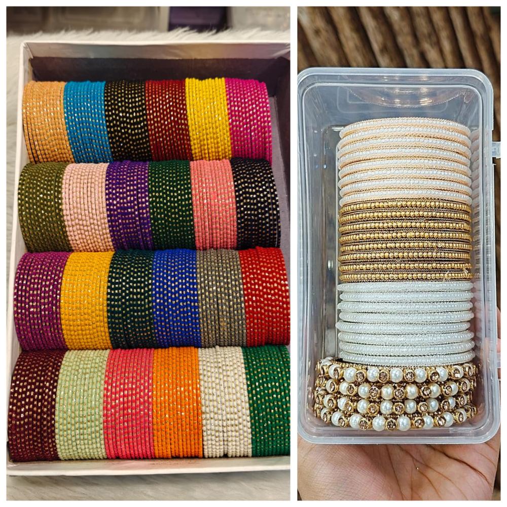 Hira Collections Designer Assorted Color Metal Pearl Bangle Set for Women