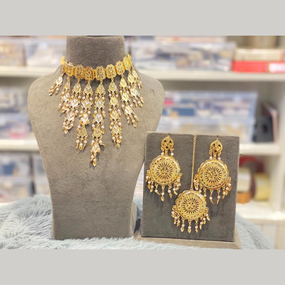 Hira Collections Traditional Gold Finish Pearl Choker Necklace Jewellery Set  
