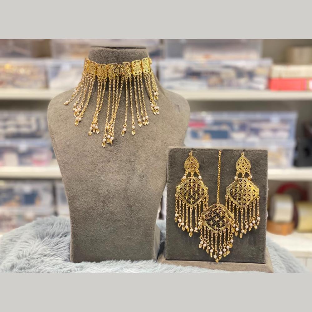 Hira Collections Traditional Gold Finish Pearl Choker Necklace Jewellery Set  