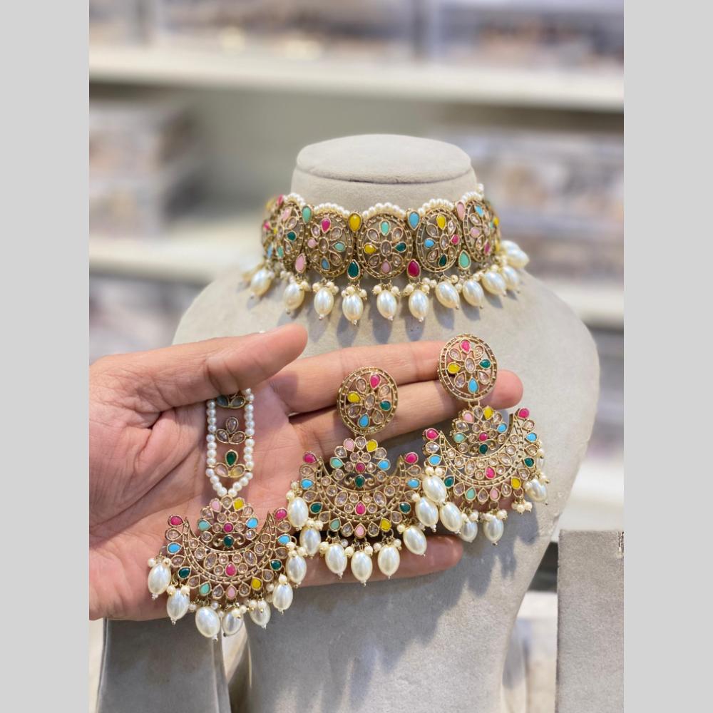 Hira Collections Beautiful Crystal Stone And Beads Choker Necklace Set