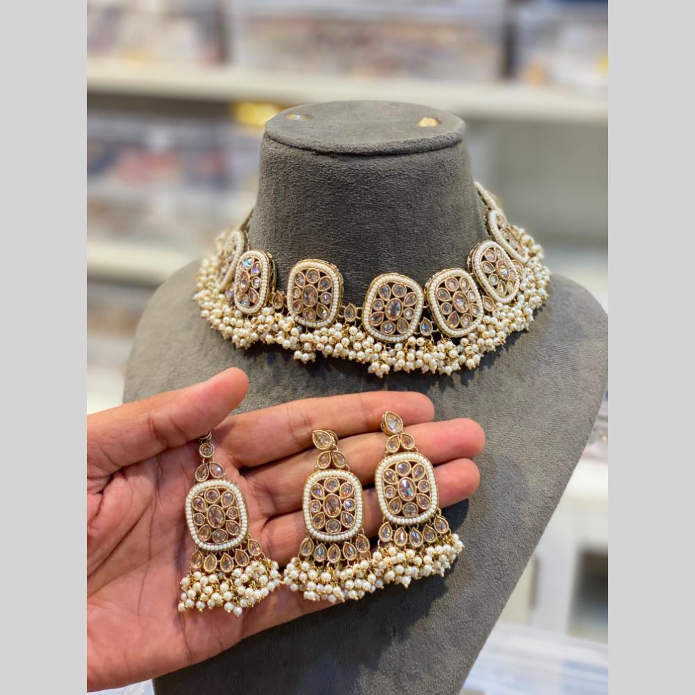 Hira Collections Beautiful Crystal Stone And Pearl Choker Necklace Set
