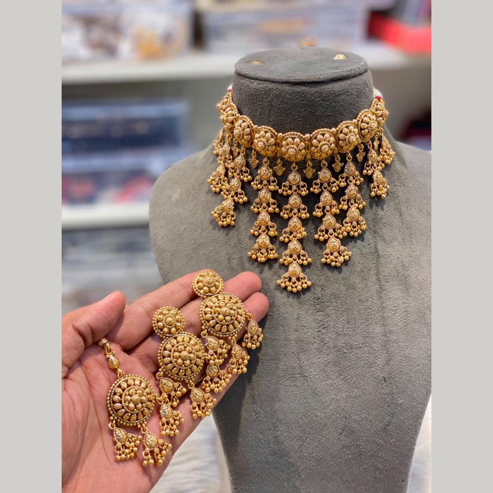 Hira Collections Traditional Gold Finish Pearl Choker Necklace Jewellery Set  