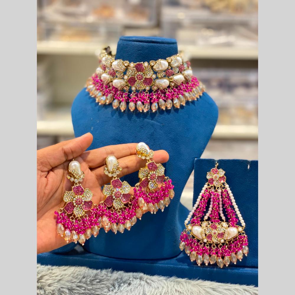 Hira Collections Gorgeous Floral Austrian Stone And Beads Choker Necklace Set