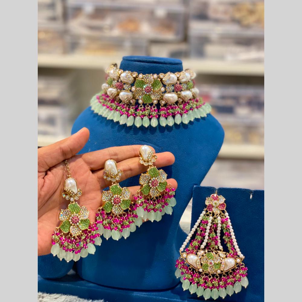 Hira Collections Gorgeous Floral Austrian Stone And Beads Choker Necklace Set