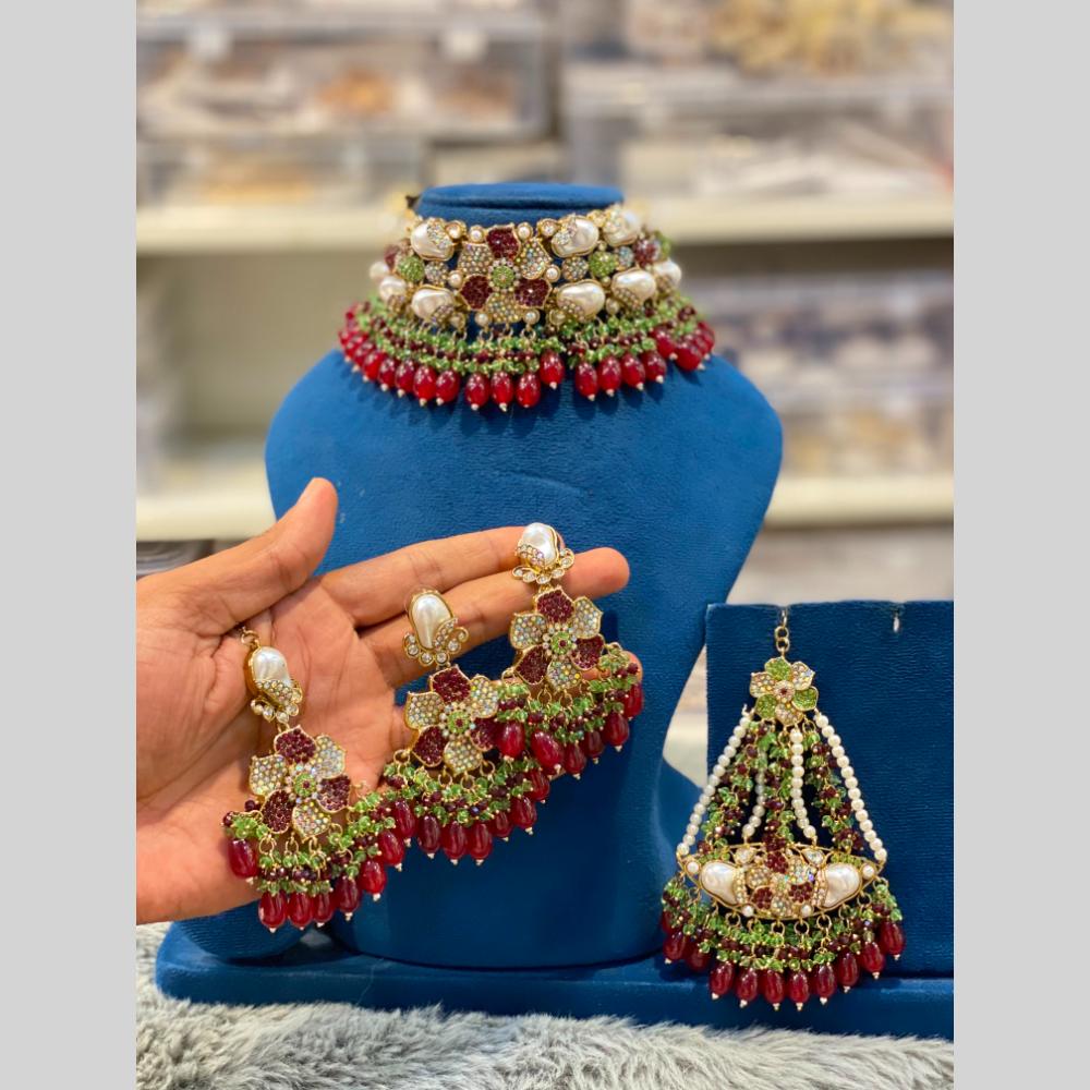 Hira Collections Gorgeous Floral Austrian Stone And Beads Choker Necklace Set