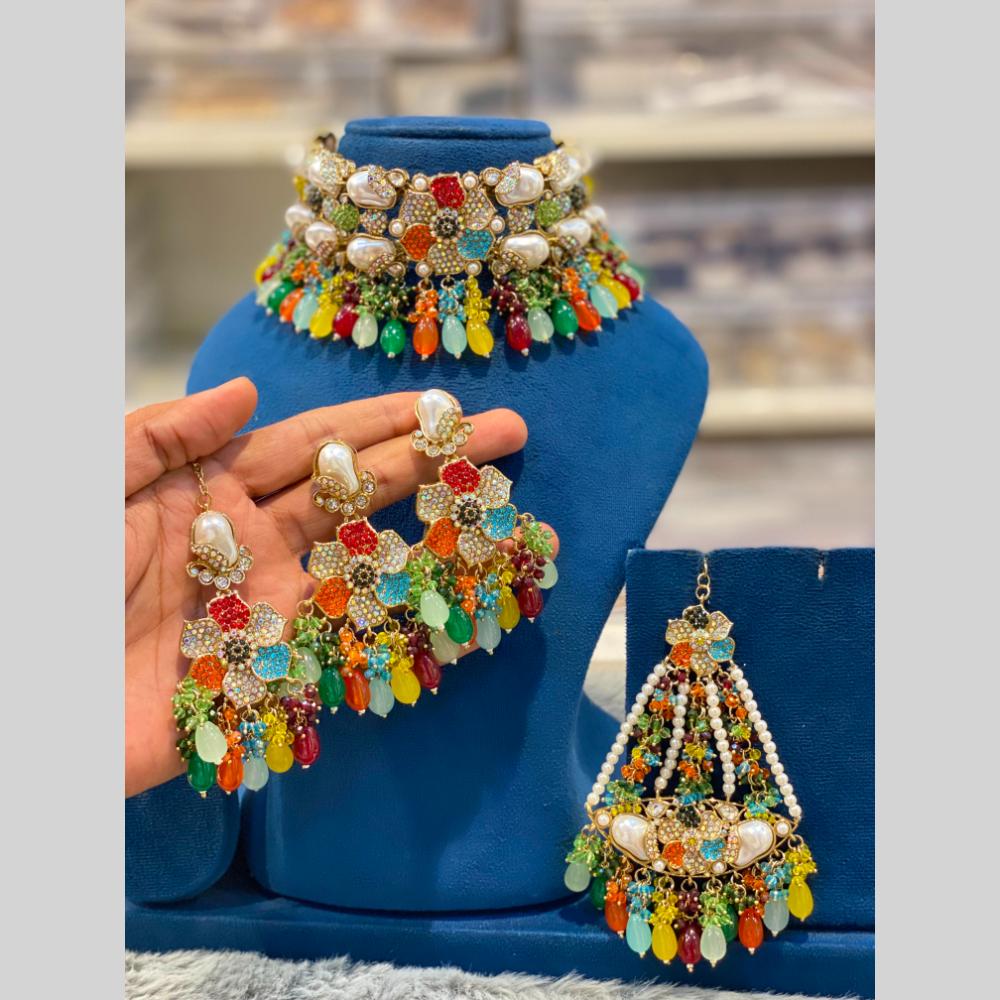 Hira Collections Gorgeous Floral Austrian Stone And Beads Choker Necklace Set