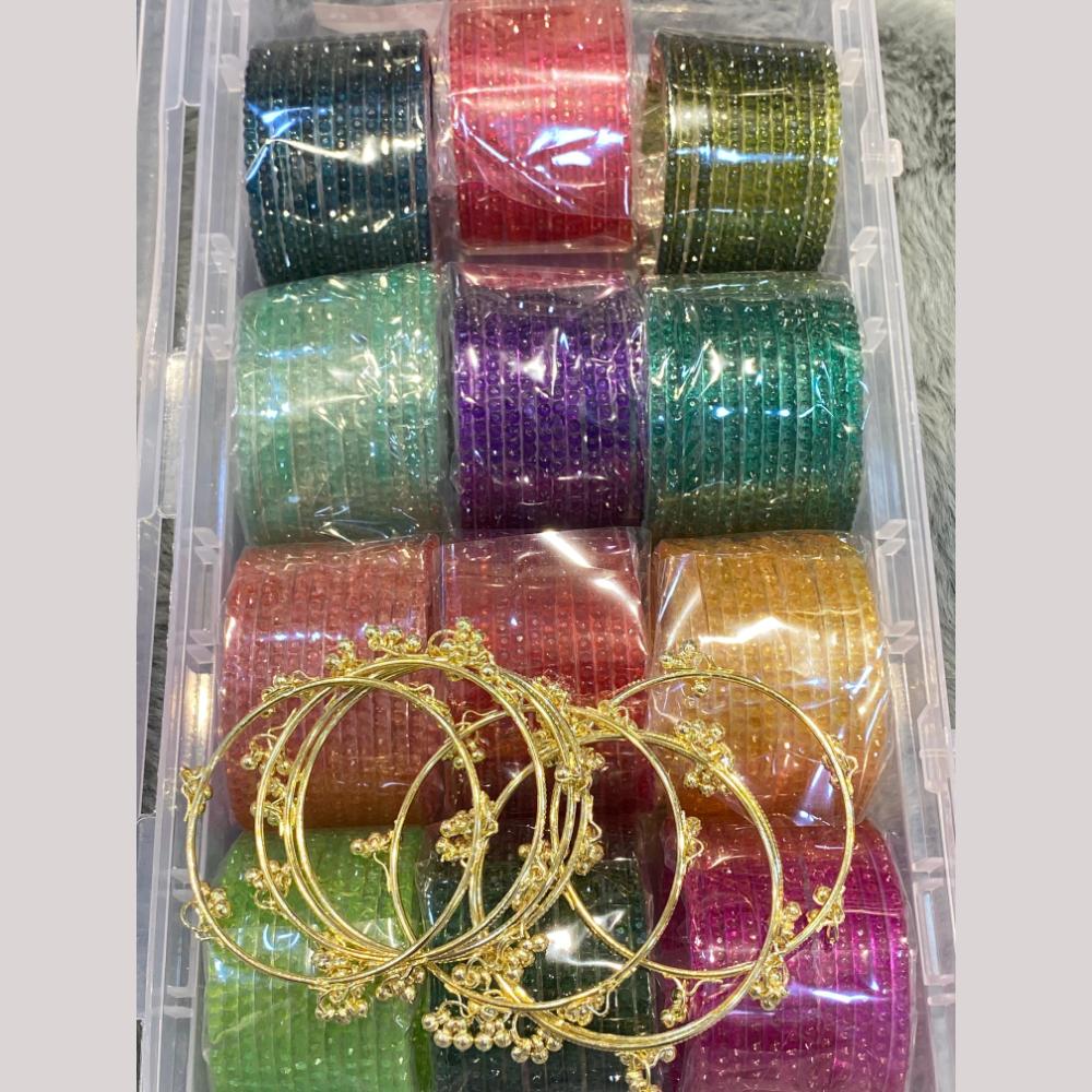Hira Collections Decorative Austrian Stone Colorful Kashmiri Galss Bangles Set 