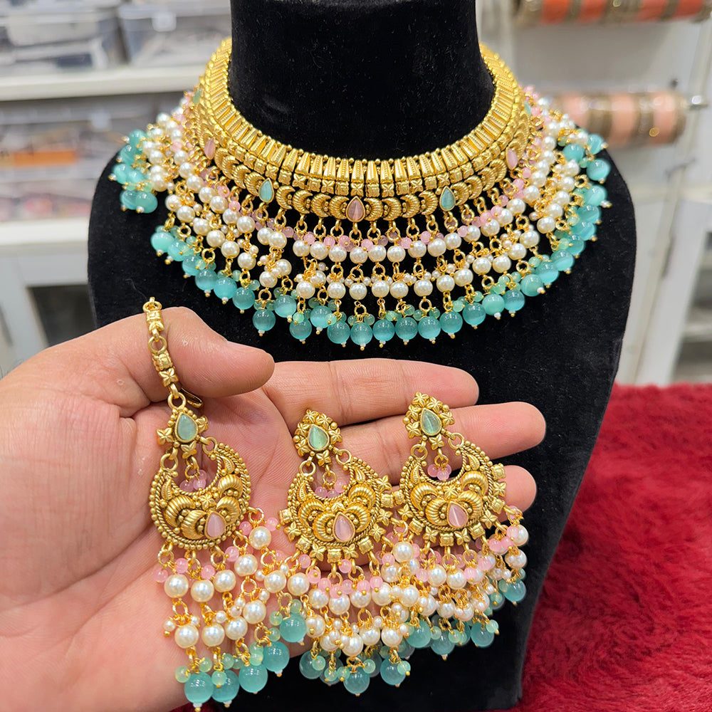 Hira Collections Royal Pota Stone And Pearl Stylish Choker Neckalce Set