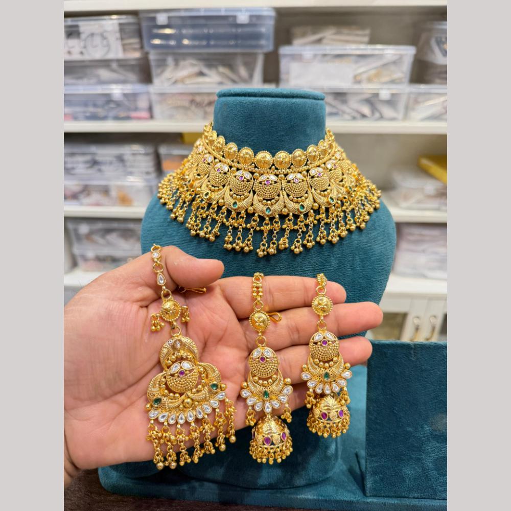 Hira Collections Copper Gold
 Designer Pota Stone And Pearl Choker Necklace Set