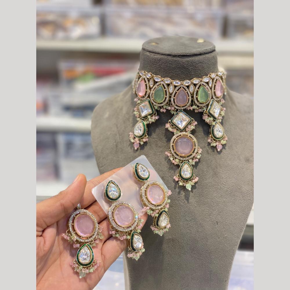 Hira Collections Luxury Crystal Stone And Pearl Choker Necklace Set