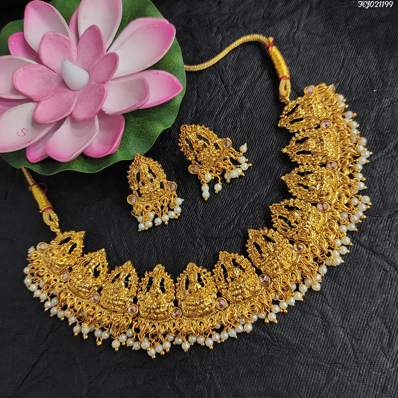 Bhavi Jewels Gold Plated Crystal Stone And Pearls Temple Choker Necklace Set