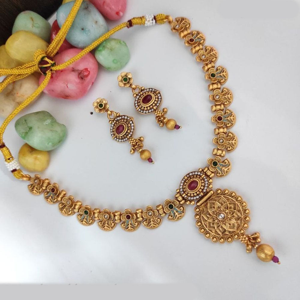 Heera Jewellers Gold Plated Pota Stone And  Meenakari Necklace Set