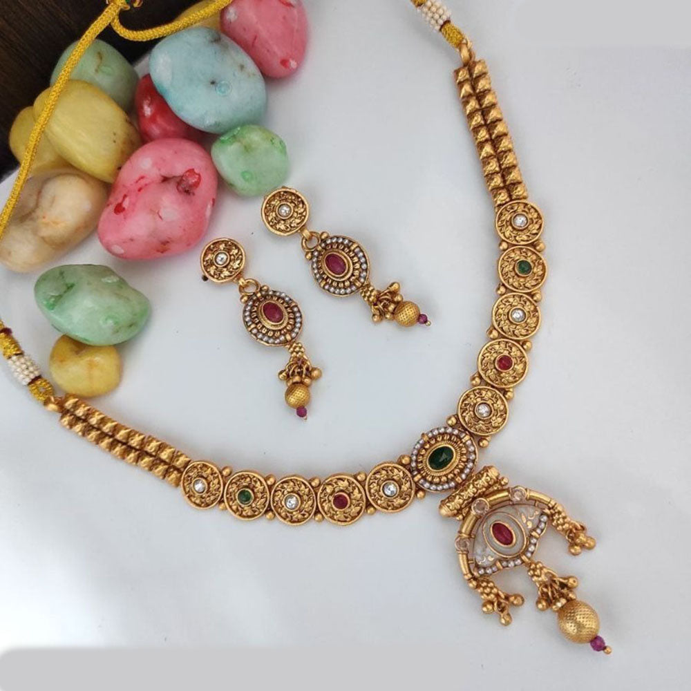 Heera Jewellers Gold Plated Pota Stone And  Meenakari Necklace Set