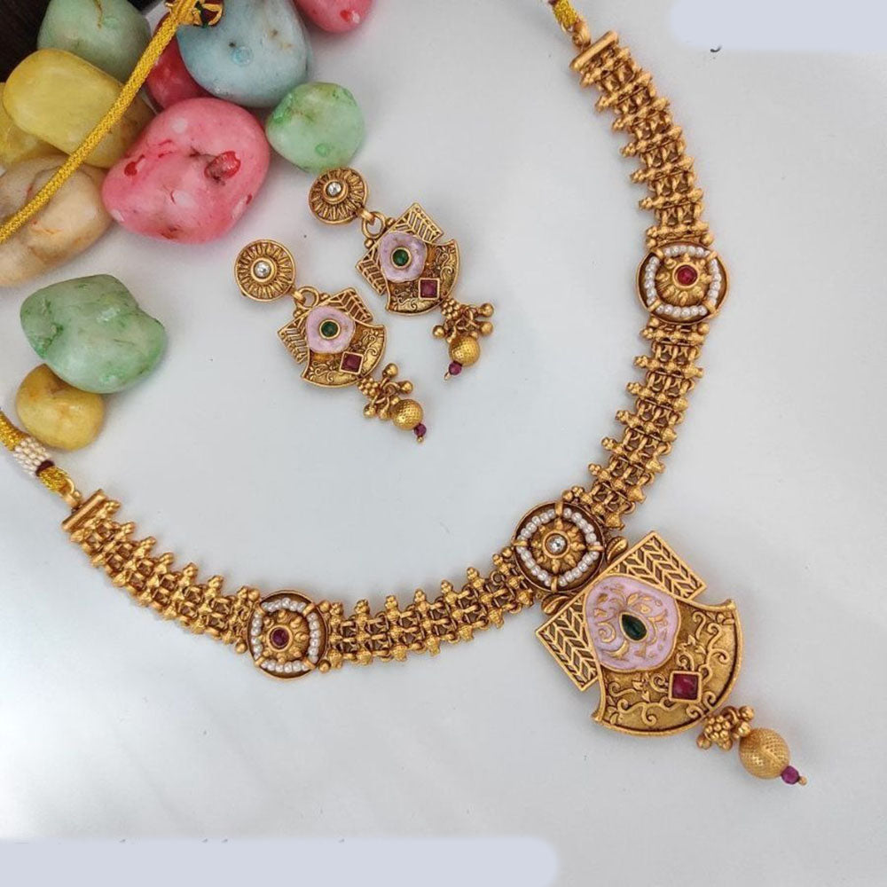 Heera Jewellers Gold Plated Pota Stone And  Meenakari Necklace Set