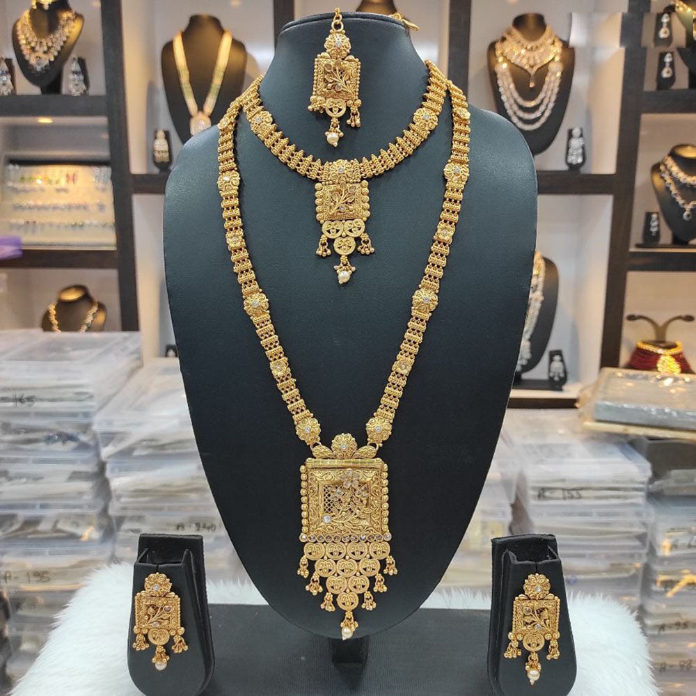 Heera Jewellers Gold Plated Pota Stone Double Necklace Set